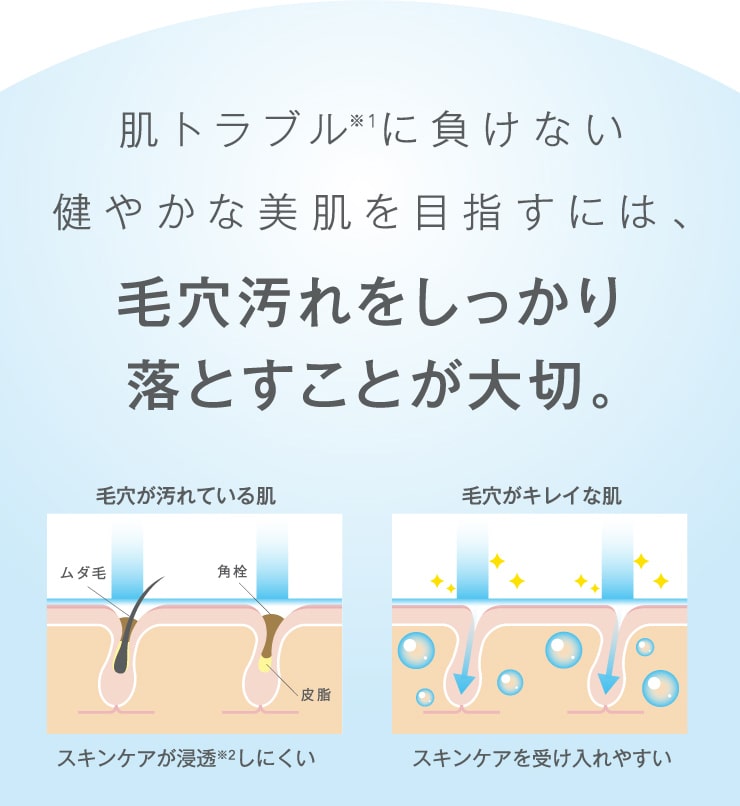 肌トラブル※1に負けない健やかな美肌を目指すには、毛穴汚れをしっかり落とすことが大切。