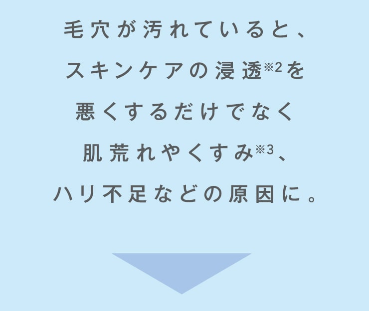 毛穴が汚れていると、スキンケアの浸透を悪くするだけでなく、肌荒れやくすみ、ハリ不足などの原因に。