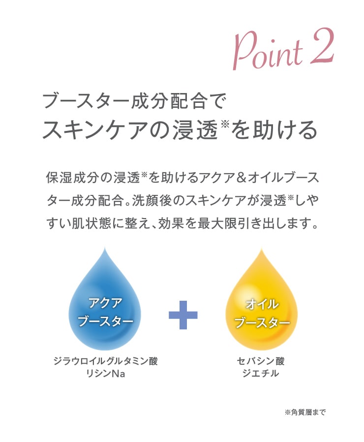 Point2 ブースター成分配合でスキンケアの浸透を助ける。保湿成分の浸透を助けるアクア&オイルブースター成分配合。洗顔後のスキンケアが浸透しやすい肌状態に整え、効果を最大限引き出します。